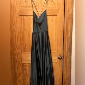 Hunter green satin prom dress